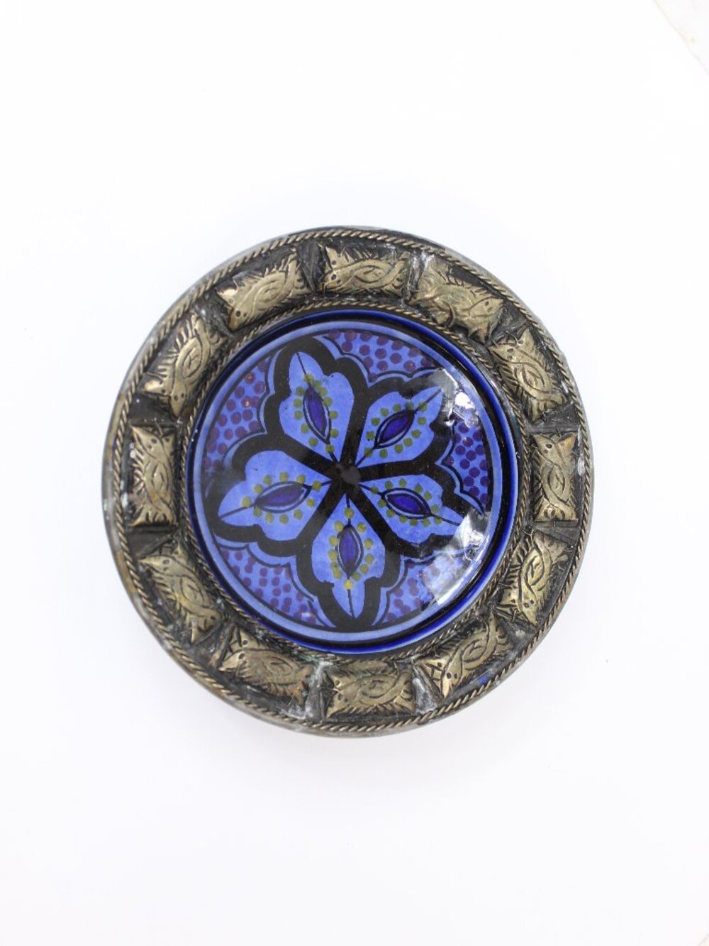 MOROCCAN CERAMIC HANDPAINTED BLUE BOWL W/SILVER METAL FILIGREE RIM OVERLAY VTG